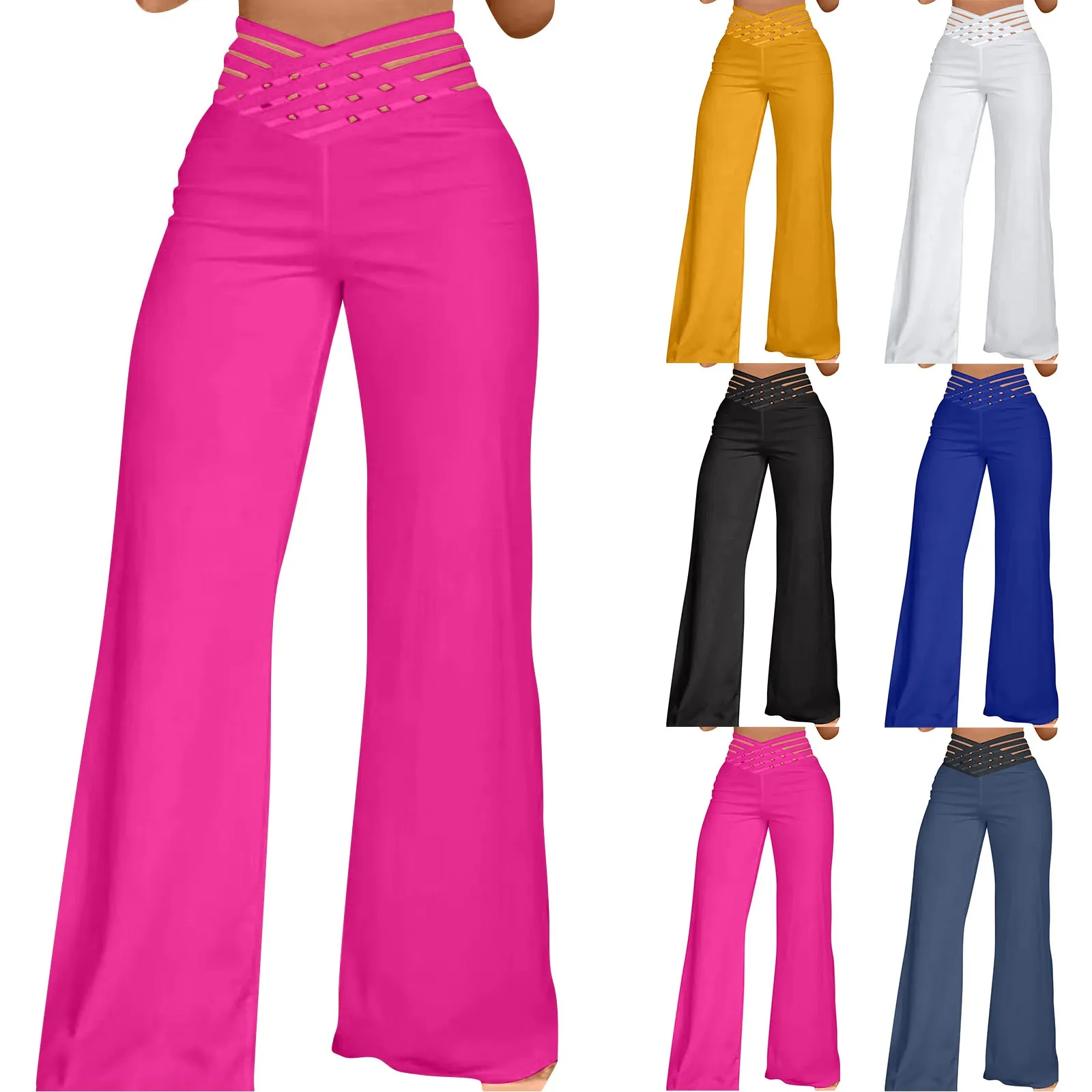 Pantalones con cinturón hueco para mujer, pantalones acampanados con temperamento a la moda para ir al trabajo, pantalones de pierna ancha informales lisos clásicos de uso diario