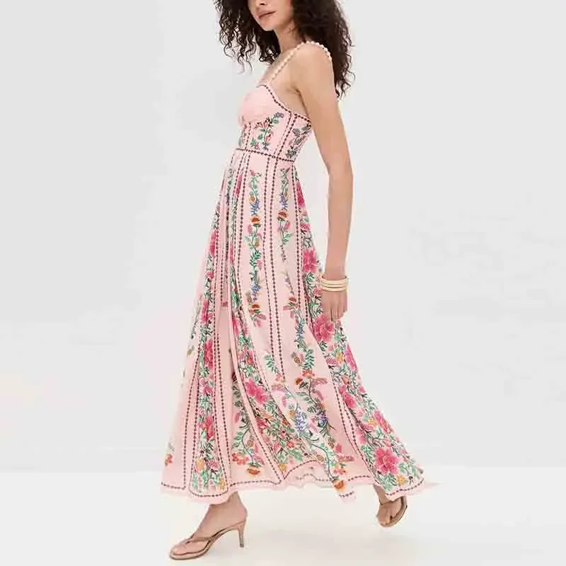 Temperamento Abito bohémien stampato floreale Donna Casual Vita alta Senza maniche Abito lungo senza schienale Donna Elegante abito da festa Boho