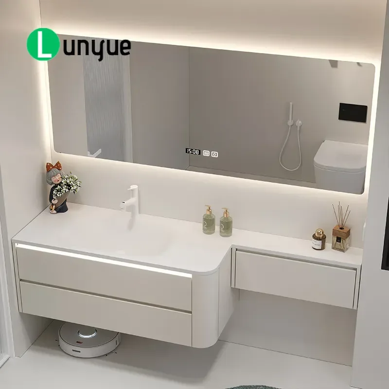 Cream Style DuPont Corian Integrated Basin Bathroom Cabinet with Extended Side Table for Face Washing Modern Vanity Unit