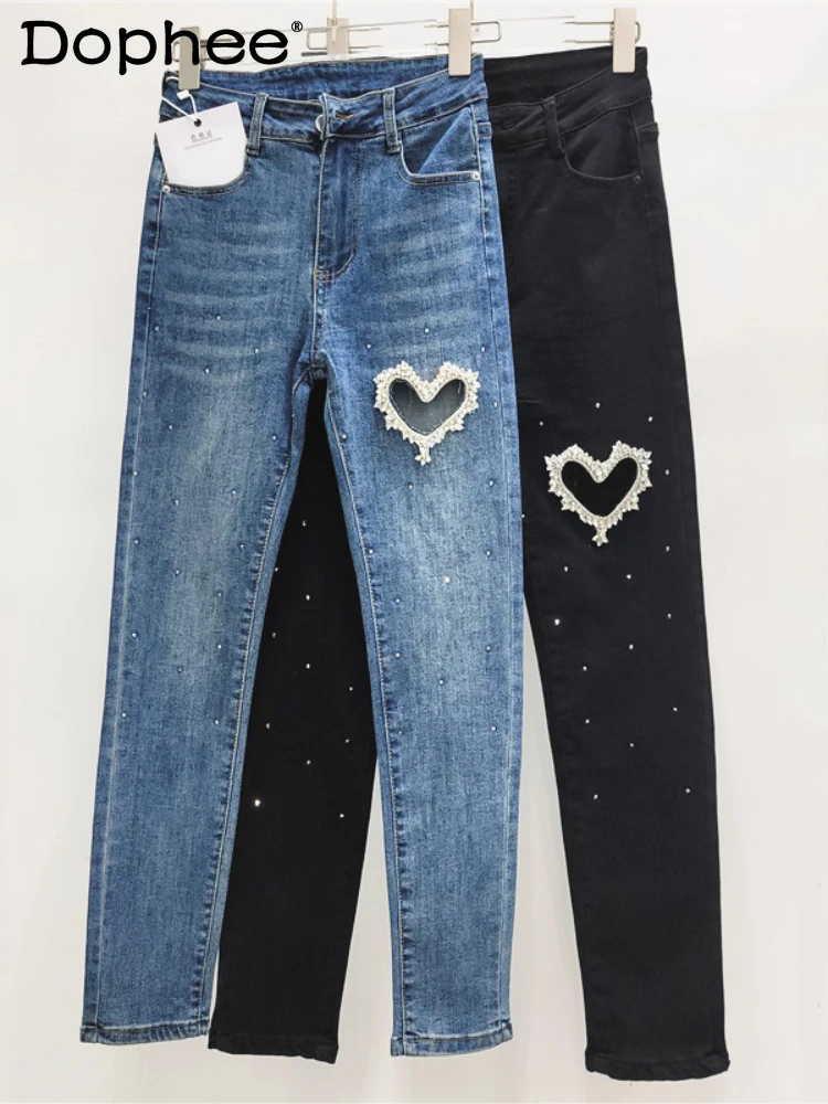 

Black Jeans Fashion Stretch Cropped Pants Female 2024 Spring and Summer New Hollow Heavy Industry Beads Skinny Jeans for Women