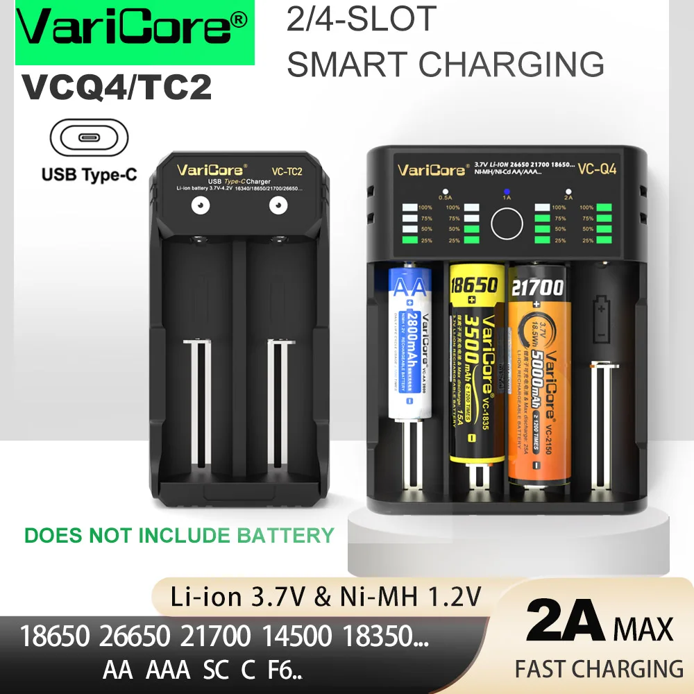 VariCore VCQ4 4-slot Intelligent Battery Charger Portable for 3.7V Lithium 18650 26650 21700 18500 18350 1.2V NI-MH Ni-Cd AA AAA