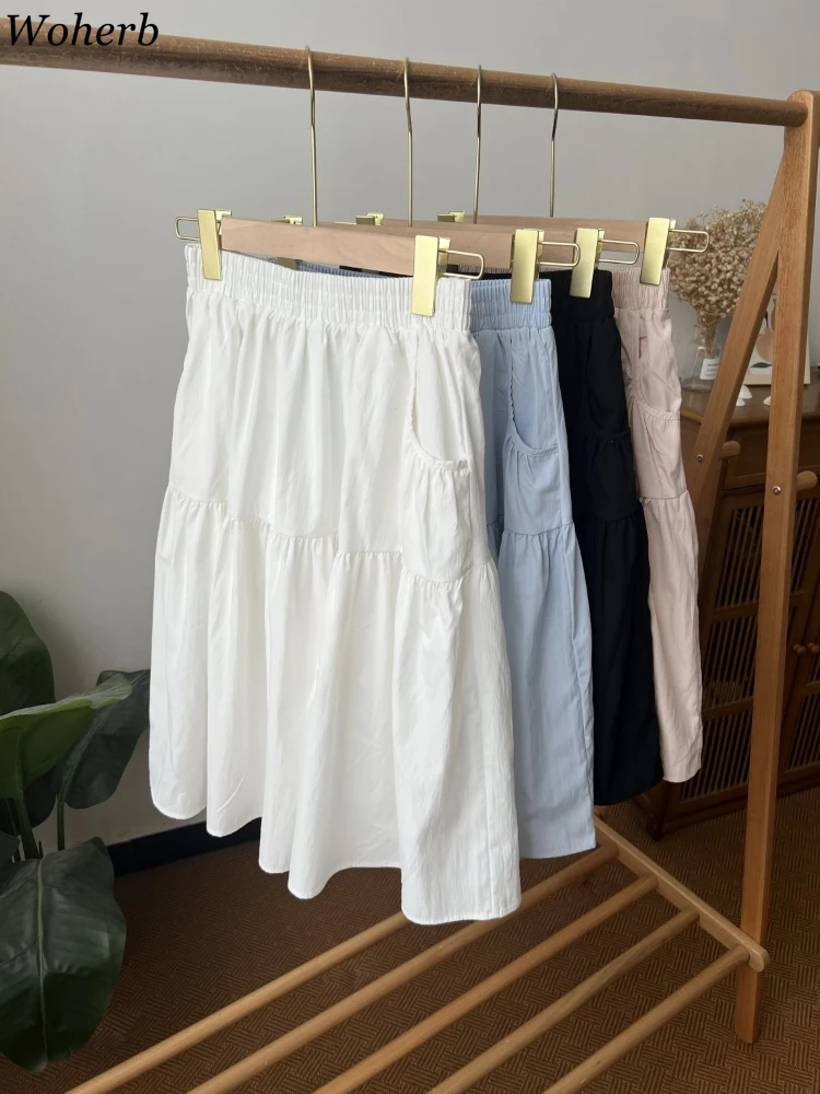 

Korean A-Line Solid Color Jupe Vintage Women's Skirt 2025 Faldas Mujer De Moda High Waist Loose Saia Sweet Pocket Summer Skirts
