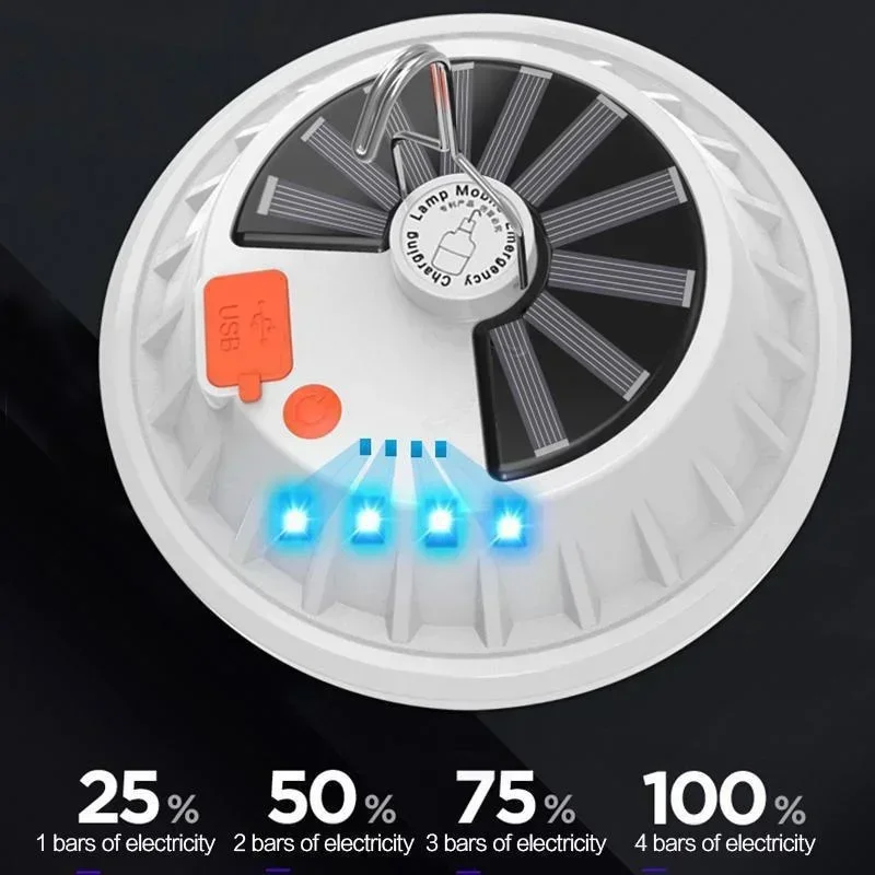 Solar Rechargeable LED Flying Saucer Bulb Light Outdoor Camping Night Market Waterproof Lighting