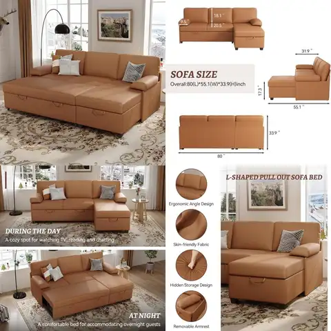 Sofá seccional convertible de 80 pulgadas, cama en forma de L con chaise reversible, sofá cama de piel sintética, almacenamiento y extraíble