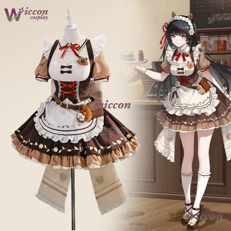 Image of Spiel Wuthering Waves Korea CHISA Kaffee Maid Kleid Wuwa CHISA Cosplay Perücke Lolita Kleid Frauen Mädchen Halloween Roleplay Kleidung