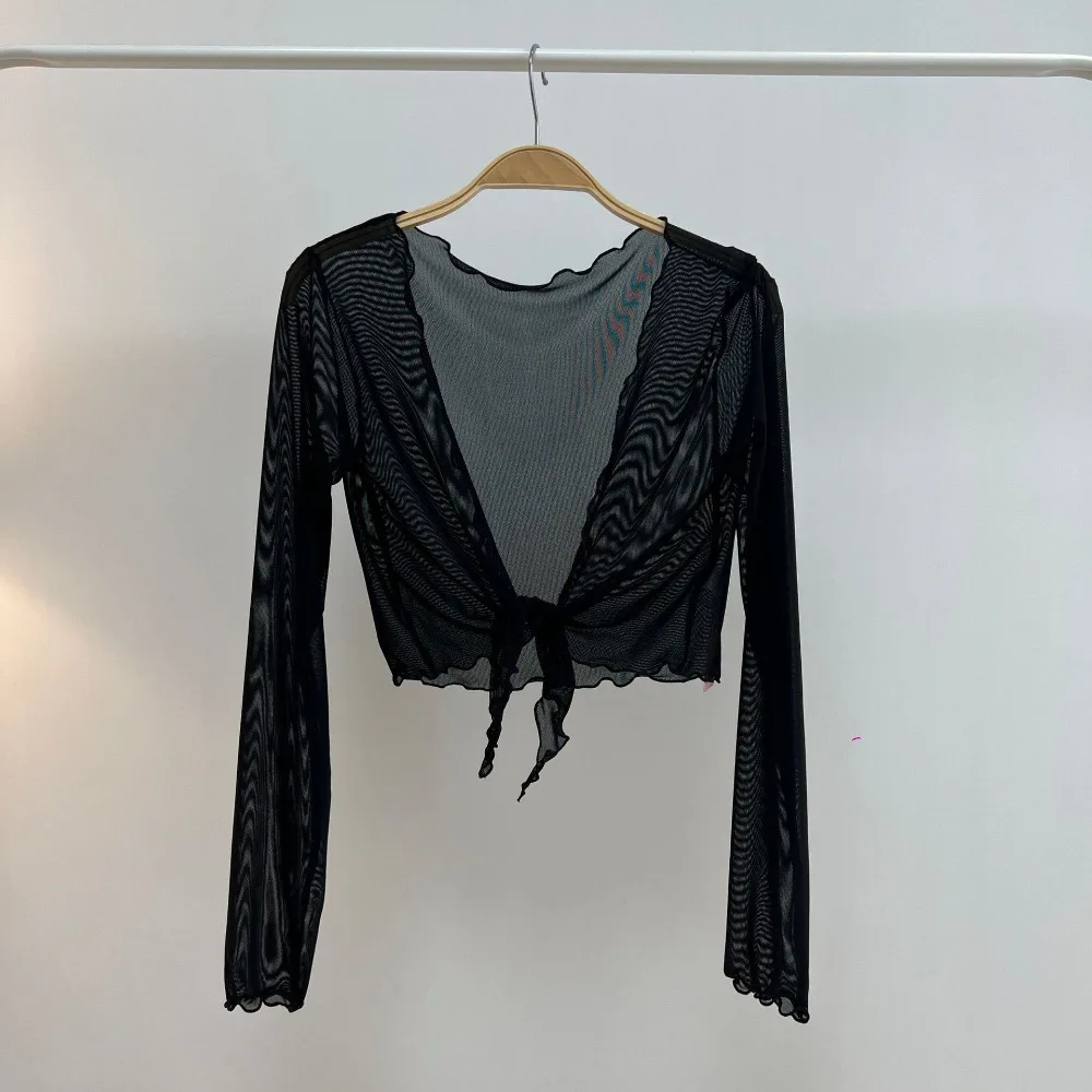 

Korean Style Thin Sun-proof Jackets Ruffled Edge Pure Colo Crop Cardigan Mesh Summer Cardigan Women