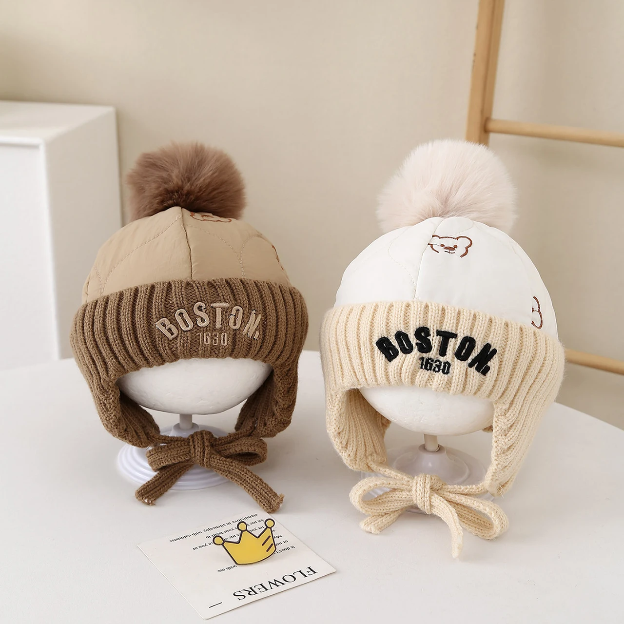 

Winter Pompom Baby Earflap Hat Letter Embroidered Ear Protection Cap Kids Outdoor Warm Thicken Knitted Beanie Caps