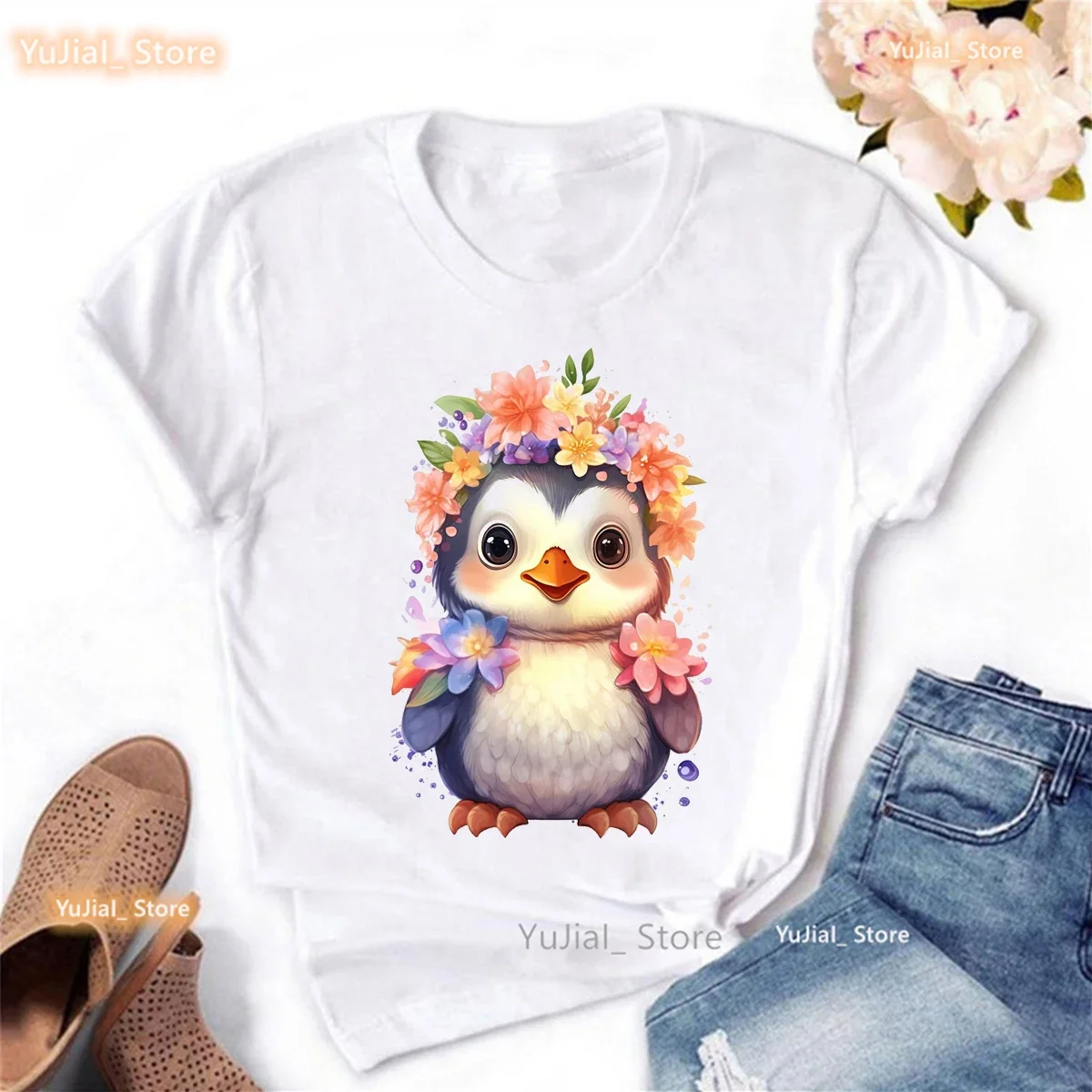 

New Watercolor Penguin Animal Print T Shirt Girls Funny White Casual Tshirt Women Harajuku Kawaii Clothes Summer Tops Tee Shirt