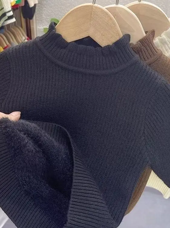 

Girls Winter Sweater Thiened Fce Casual Sle Warm Floral Collar Base irt Korean Version Children's Commute Sle Long...