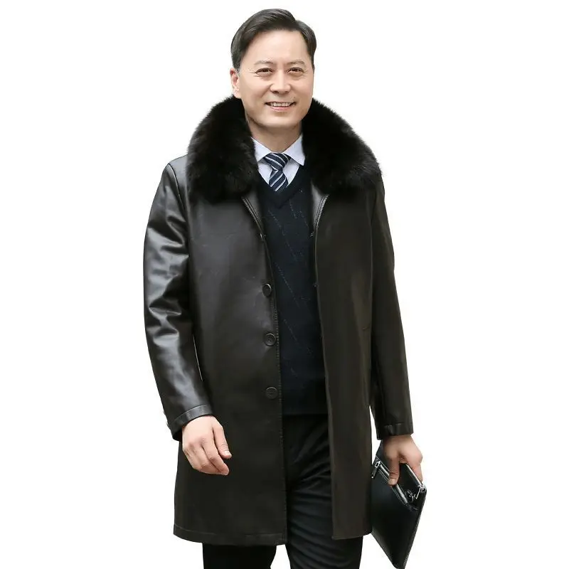Leather Jacket Men Winter Jacket Men Medium Length Plush Thickened Leather Coat for Men Fur Collar Windbreaker for The Elderly