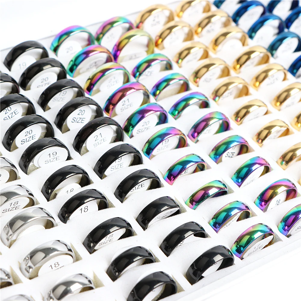 Wholesale 20/30/36/50/100Pcs/lot 6MM Fashion Simple Stainless Steel Smooth Rings For Women Men Mix Color Party Gifts Jewelry