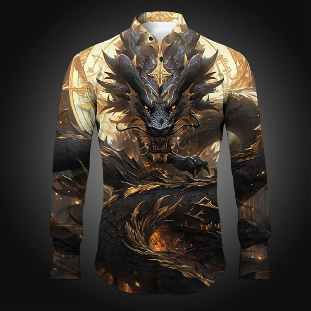 Men's Long Sleeve Shirt Printed Shirt Chinese Dragon Pattern Casual Comfortable No-Iron Wrinkle-Resistant Oversized Top