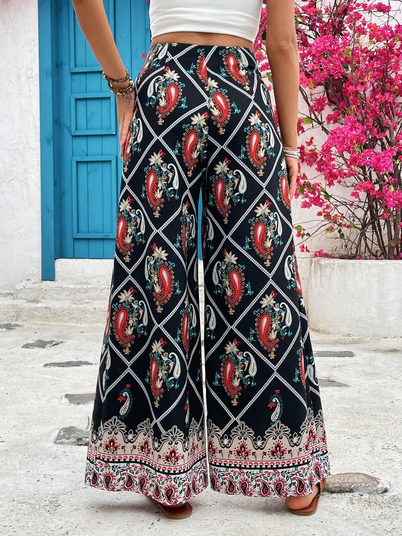 2024 new women\'s trousers, loose wide-leg trousers, ethnic style, summer vacation style, Southeast Asia