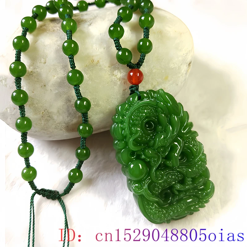 Natural Verde Jade Dragão Pingente Beads Colar, Mão-Esculpida Charme Chinês, Presentes de Jóias para Homens e Mulheres, Moda