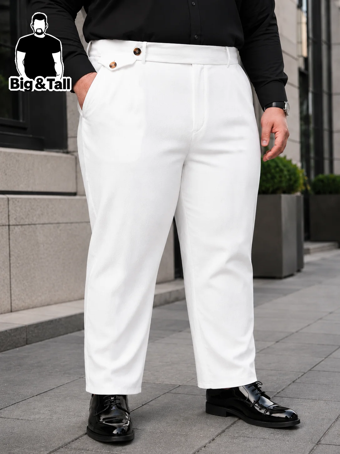 plus Size Men's Solid Color Business Trousers Linen Fabric Belted Waist Straight Leg Office Wedding Men's Pants