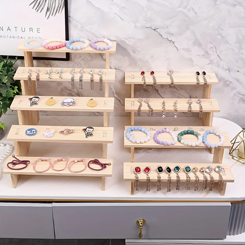 Home Decor Natural Wood Multi-Purpose Tiered Display Stand for Jewelry & Cosmetics, Tabletop Storage Rack