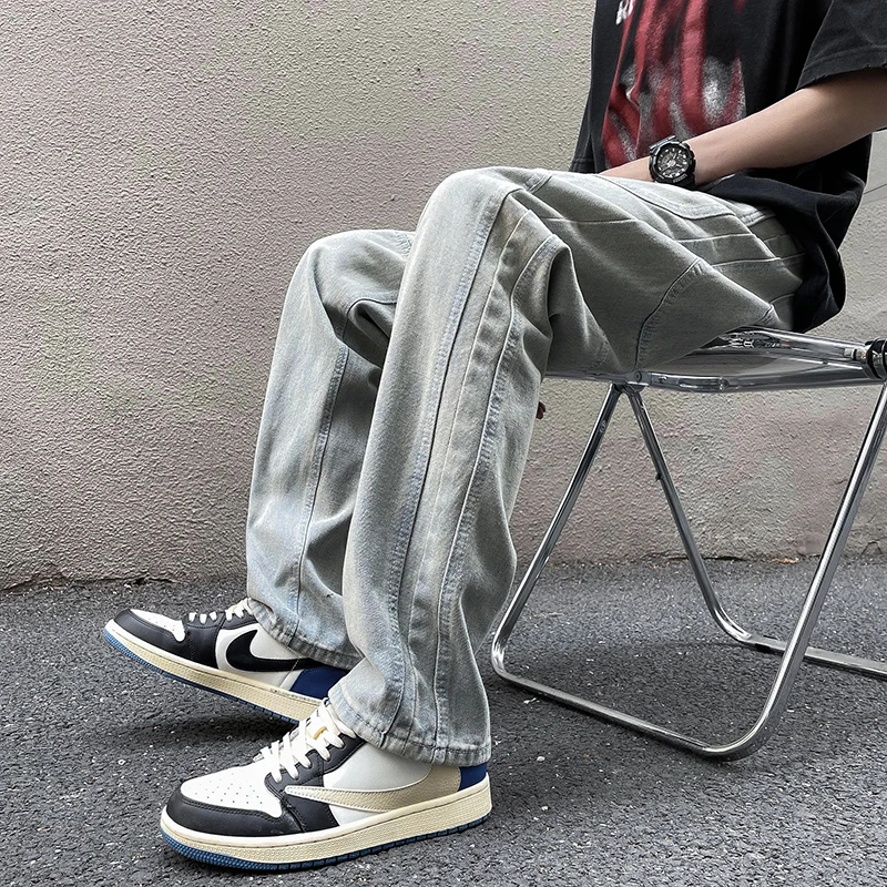 

Retro American Waed Loose Men's Jeans High Street Vibe Casual Long Trousers Trendy Straight Leg Jeans for Autumn