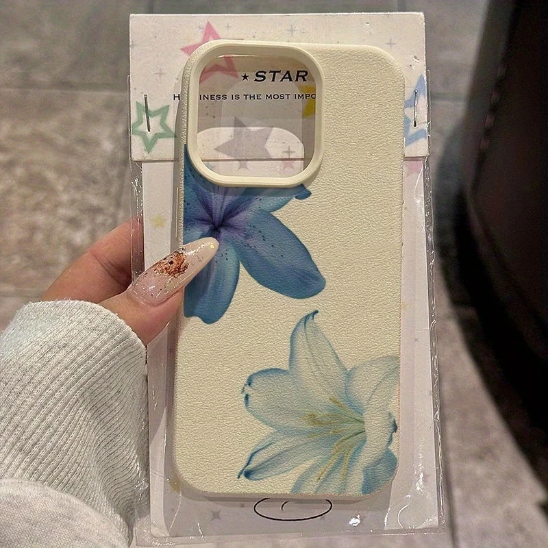 Eleganckie etui na telefon z wzorem niebieskich lilii i liczi do iPhone 17 16 Pro Max 15 14 13 12 11 XS XR 16 Plus 16e, odporne na wstrząsy, miękka tylna obudowa.