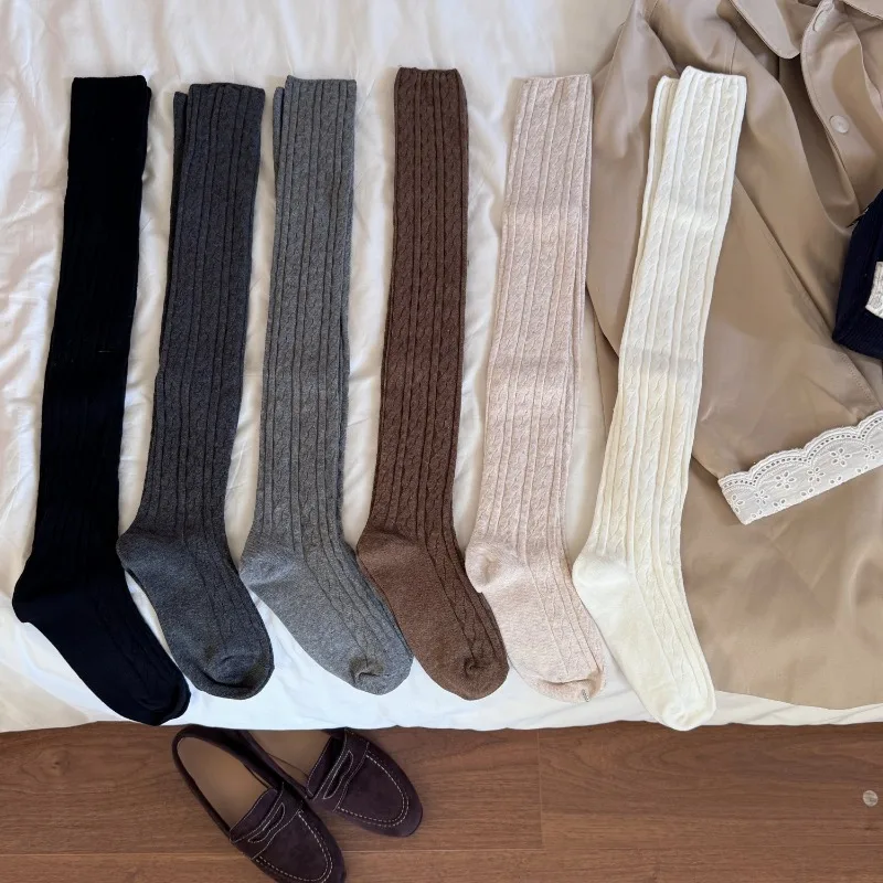 

College Style Linen Pattern Cotton Knee Socks Women's Winter Cute Stockings Fashion Soft Breathable High Tigh Socks