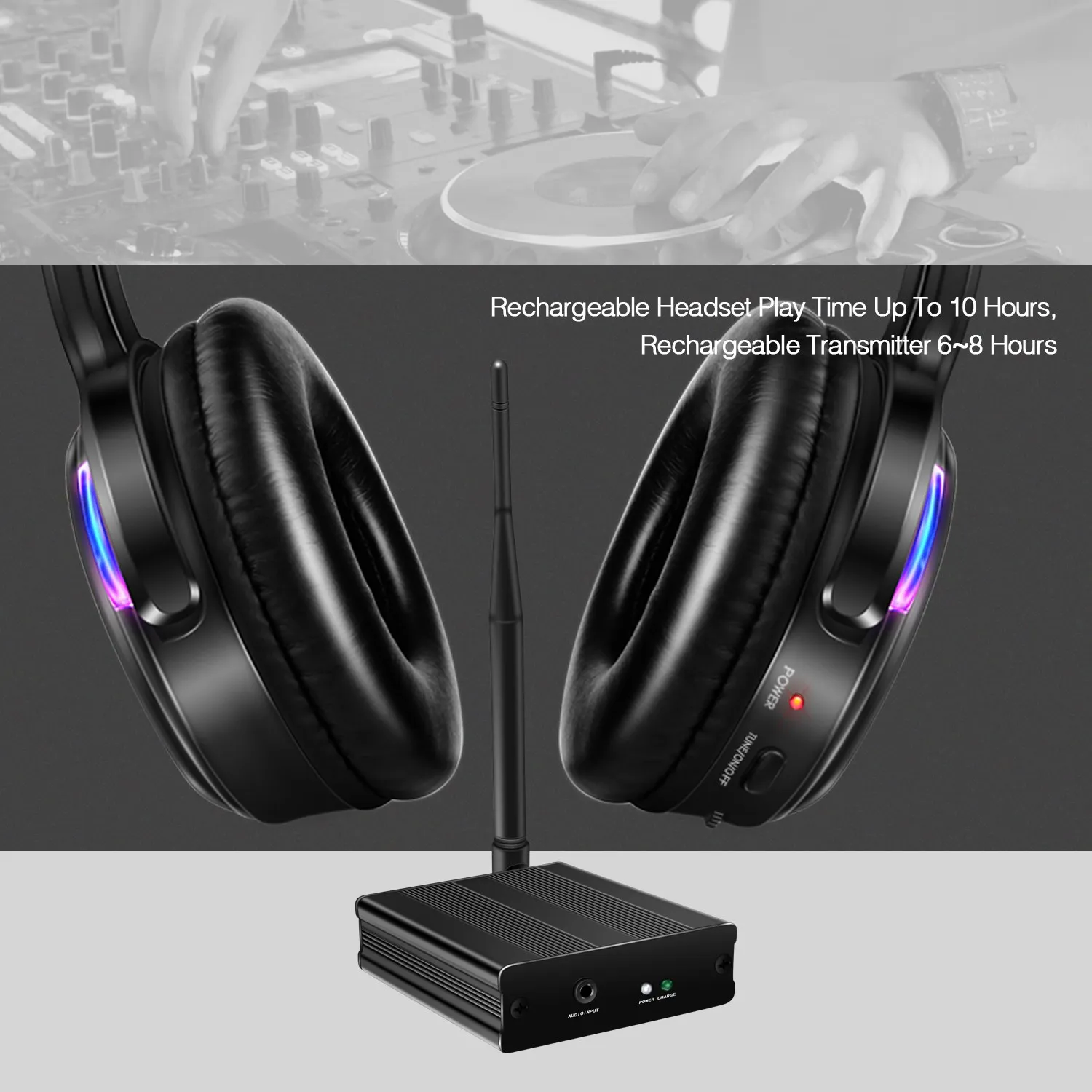 Professional UHF Silent Disco Wireless LED Headphones Bundle with 3 Receivers and 500m Distance Transmitter