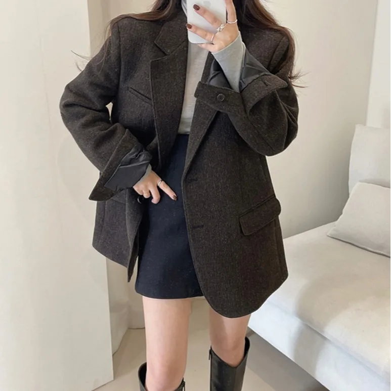 

Women's Woolen Jaet INS Blogger Sle Retro Faion Lapel Loose Suit Sle Thiened Top Small Size Friendly Outerwear