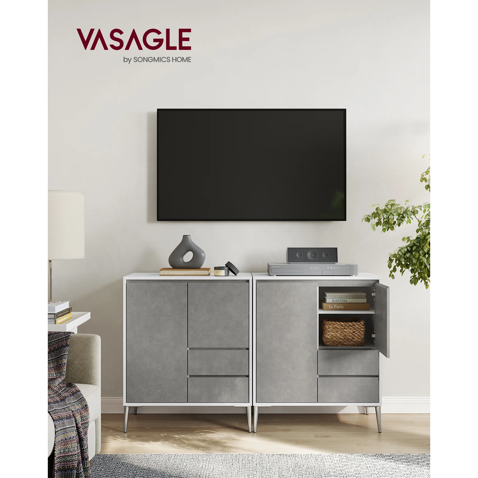 VASAGLE Sideboard, Storage Cabinet with 2 Drawers, Doors, Adjustable Shelves, 40 x 70 x 85 cm, Concrete Grey