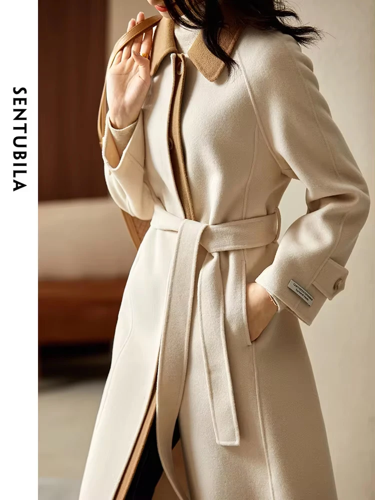 SENTUBILA Warm Thick 100% Wool Winter Coats for Women 2024 Contrast Lapel Belted Woolen Overcoats Female Clothing W24O42067