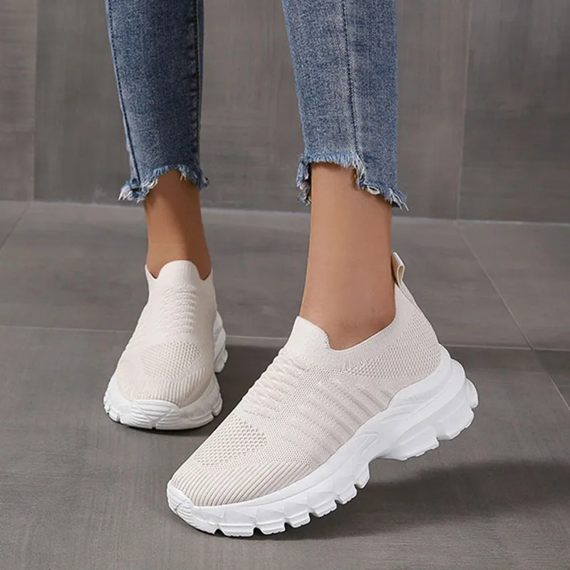 Women Platform Casual Shoe Summer Mesh Breathable Woman Sneakers Knitted Solid Color Slip-On Ladies Walking Shoes Female Flats