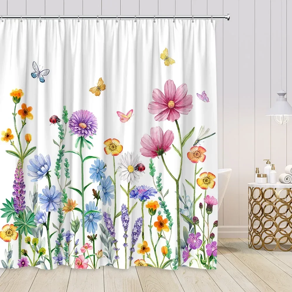 Hand Painted Floral Shower Curtains Set Watercolor Flowers Plants Poppies Butterfly Simple Polyester Nordic Bathroom Decor Hooks