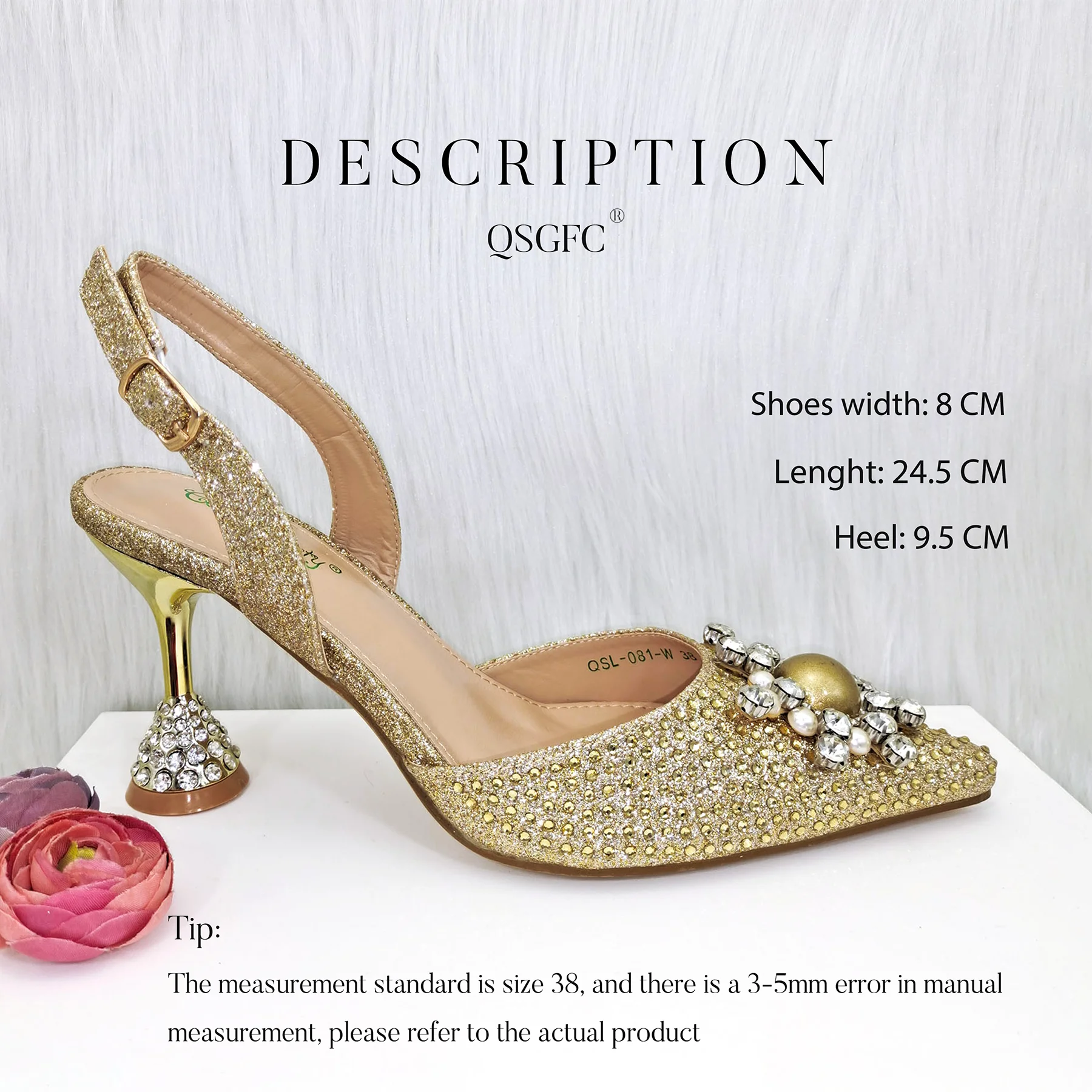 QSGFC Gold Color Elegant Lady Shoes And Bag Set with Rhinestone Embellished Pearls-knot Wear-resistant And Comfortable Heel