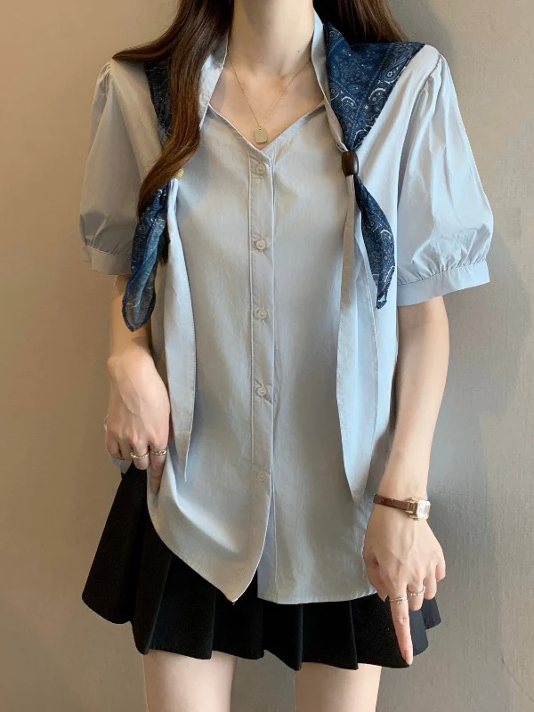

Light Blue Silk Scarf Shoulder Wrap Hooded V-Neck Women's Shirt Spring Summer New Style Fashionable Age-Defying Top