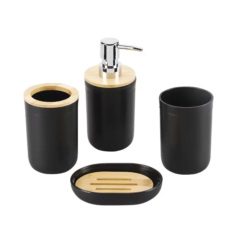 Bamboo Lid Bathroom 4 Piece Set, Bathroom Toothbrush Cup, Push Bottle, Layered Soap Box, Categorized Storage