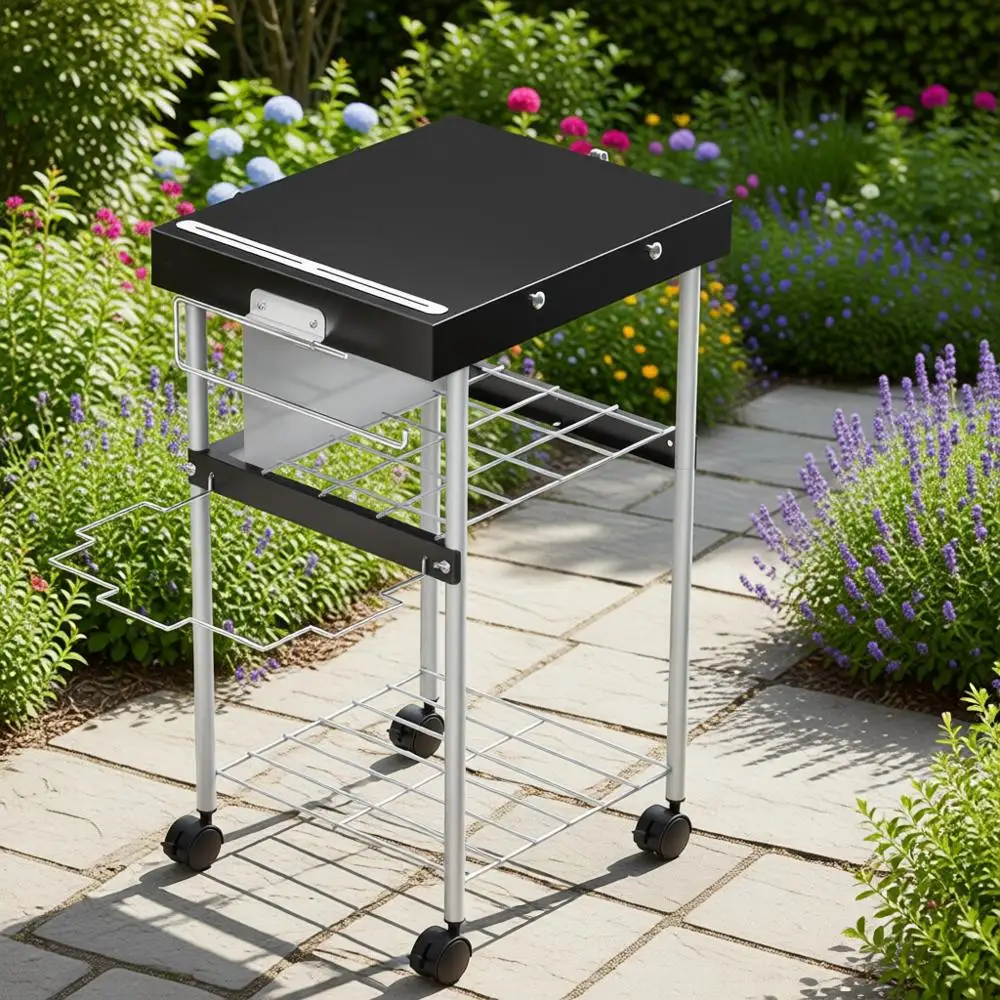 

Portable Folding Charcoal Grill Cart with Wheels and Storage for Outdoor Cooking and Grilling Accessories
