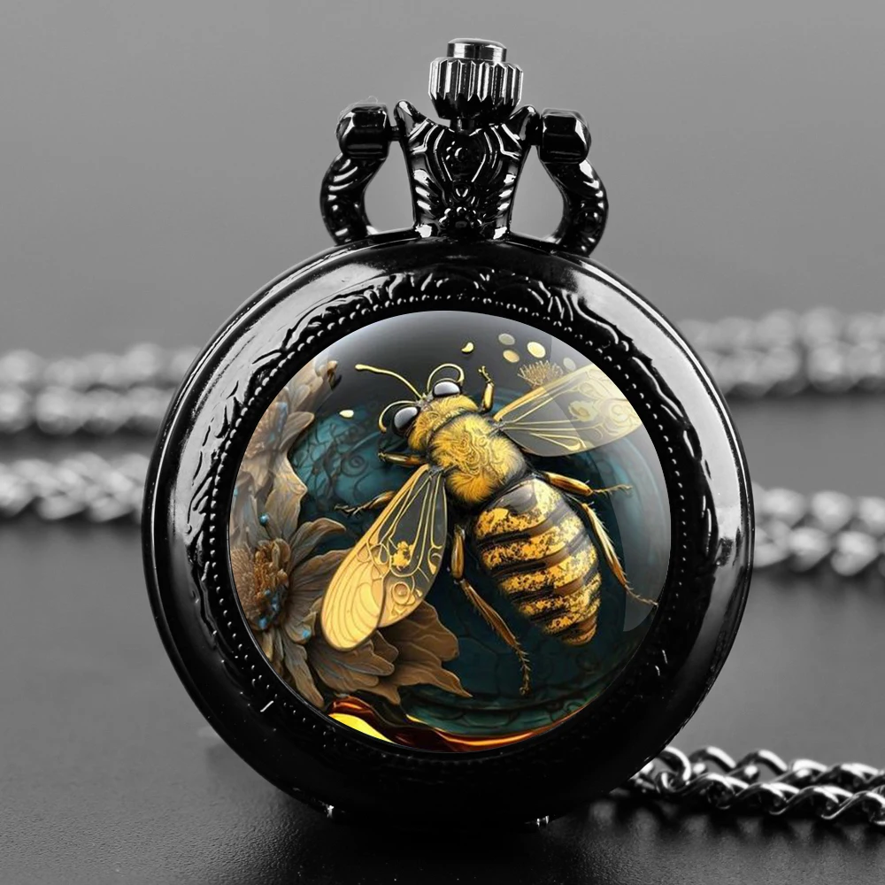 Delicate Gifts Quartz Pocket Watch Bee Design Glass Dome Necklace Pendant Clock for Mens Womens