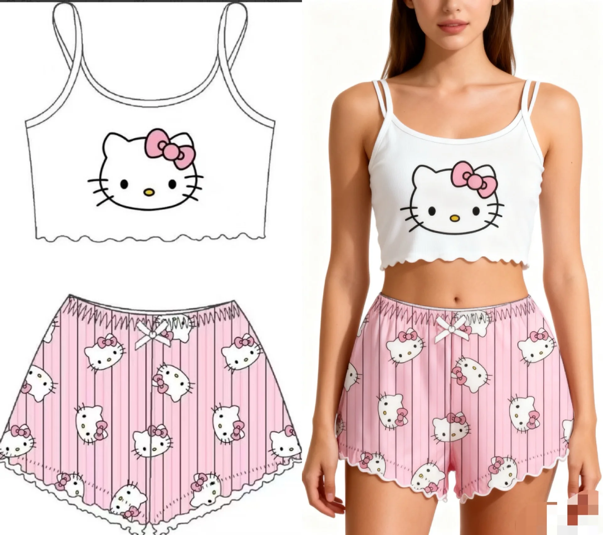 

Новый женский комплект пижамы из 2 предметов: майка и шорты с мультяшным принтом, мягкая дышащая домашняя одежда для сна 2025 года