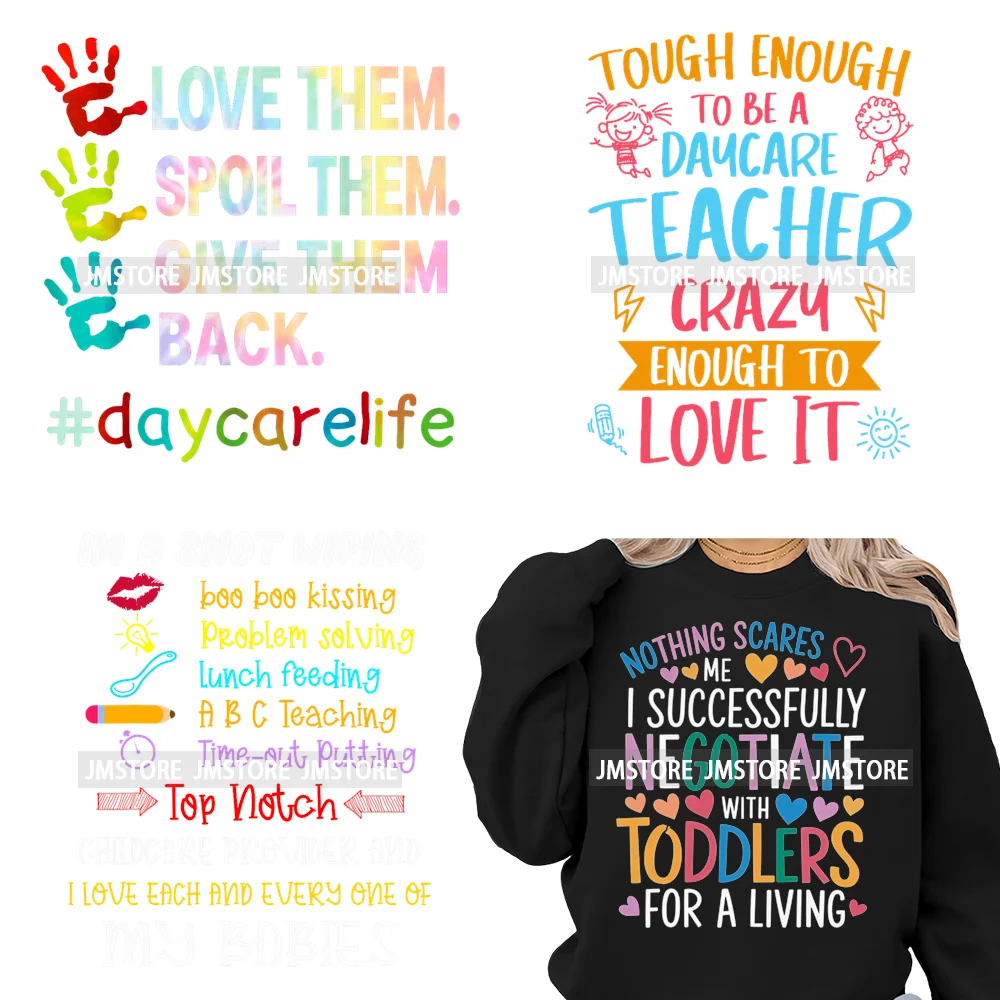 

Daycare Teacher Life Inspire Love School Childcare Quotes Iron on Washable DTF Transfer Stickers Ready to Press for T-shirts Bag