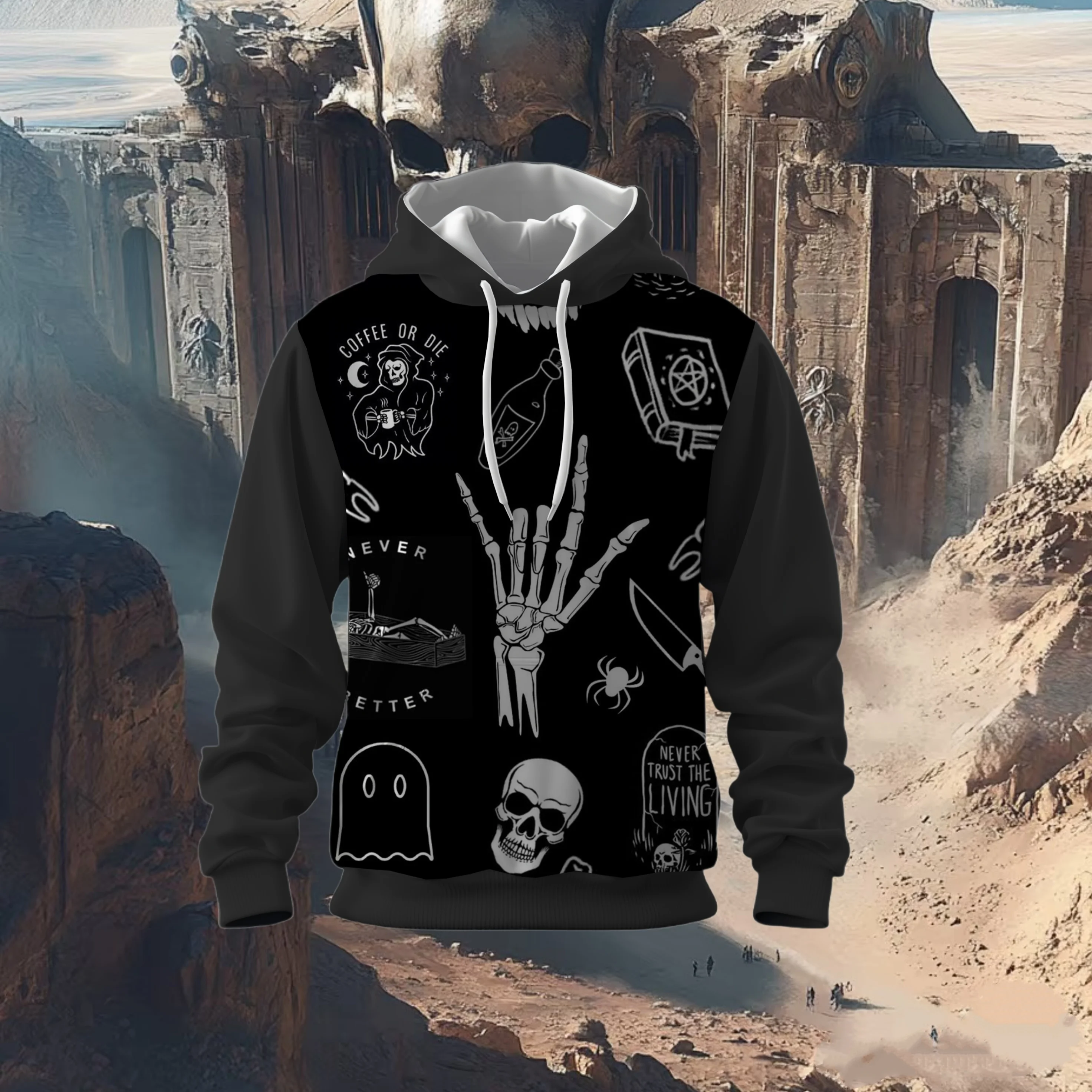

2025 Hot Sale Autumn and Winter New Halloween Skull Printed Hooded Sweatshirt Men's Women's Cosplay Costume Children's Pullover