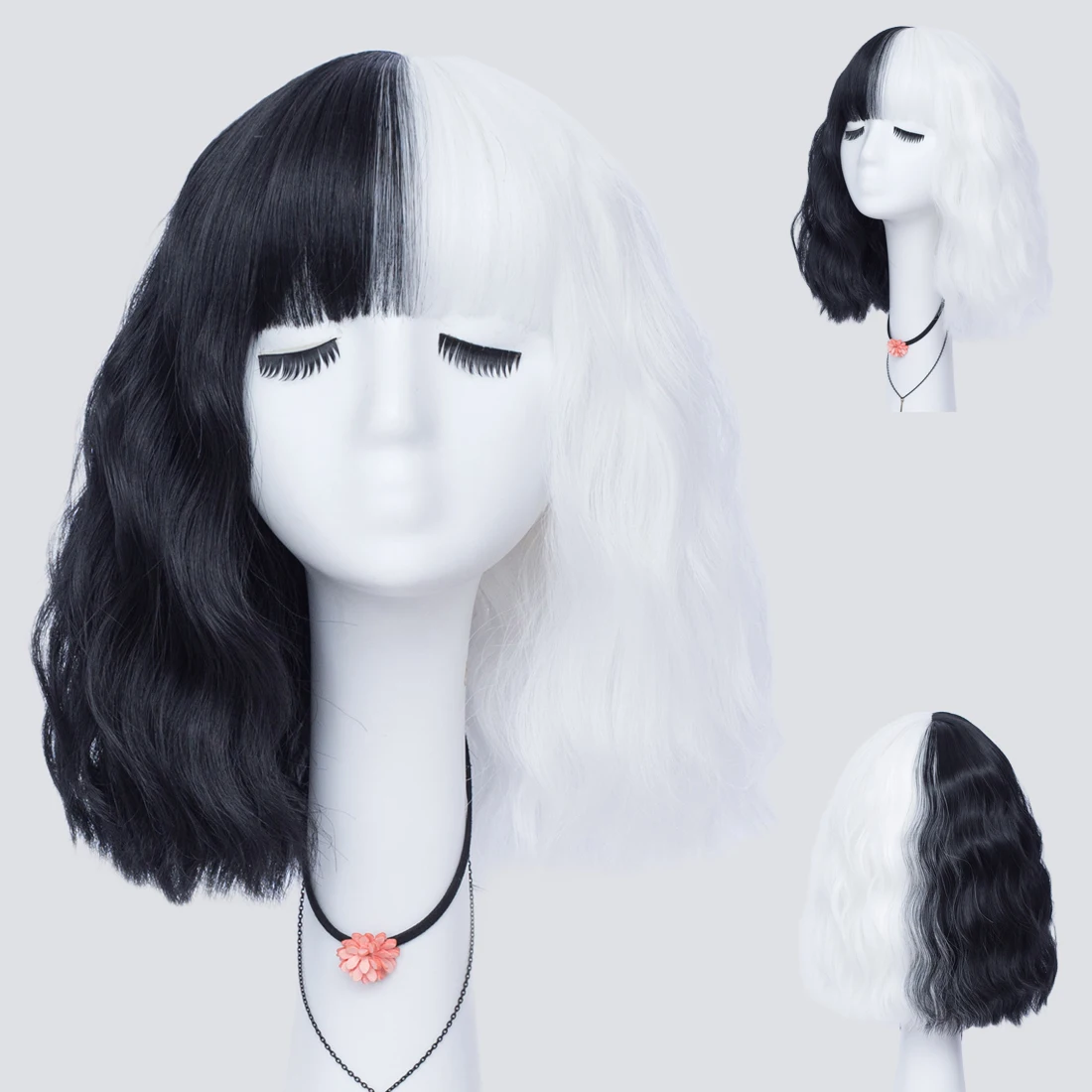 

Synthetic Short Half Black and White Wig Wavy Women's Curly Costume Wigs Lolita Cosplay Wig For Halloween Carnival Party