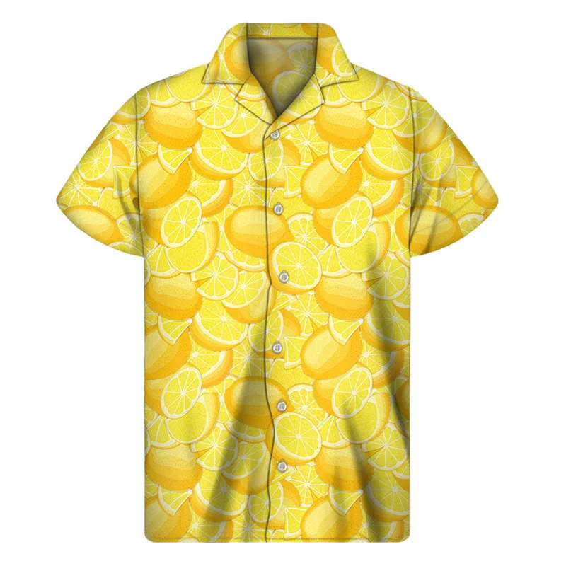 Camisa con estampado 3d de limón para hombre, blusa Hawaiana de manga corta con solapa, estampado de plantas tropicales, botón Aloha, vacaciones de verano