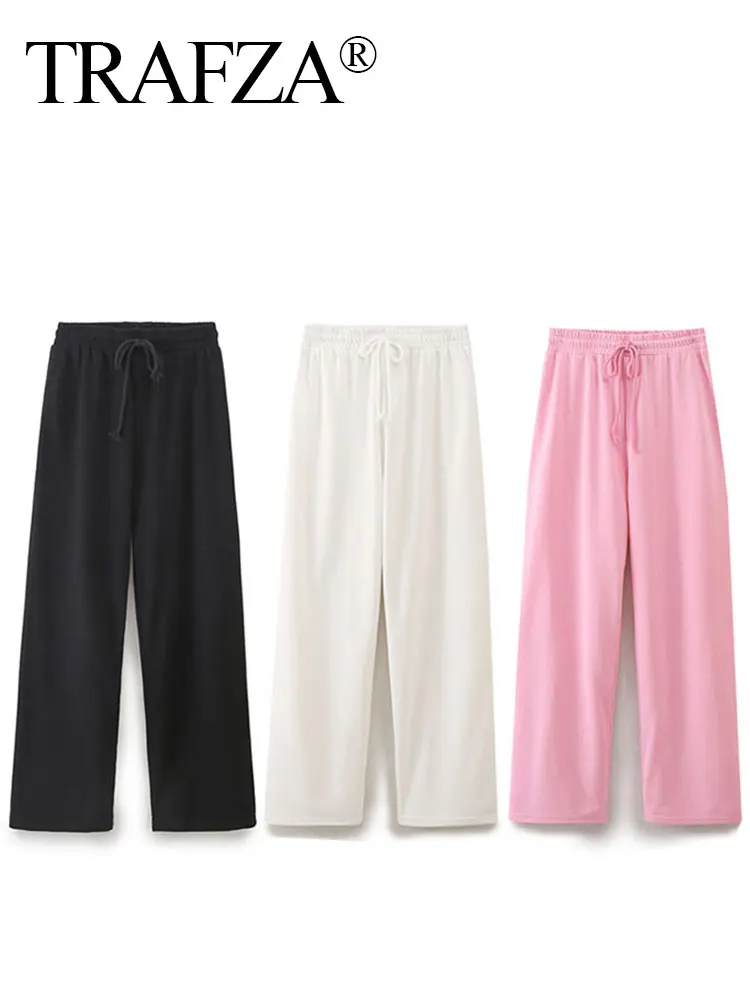 TRAFZA Spring Women Casual Straight Pant Sweet Pink Drawstring Loose Trousers 2024 New Fashion Solid Woman Jogging Pants