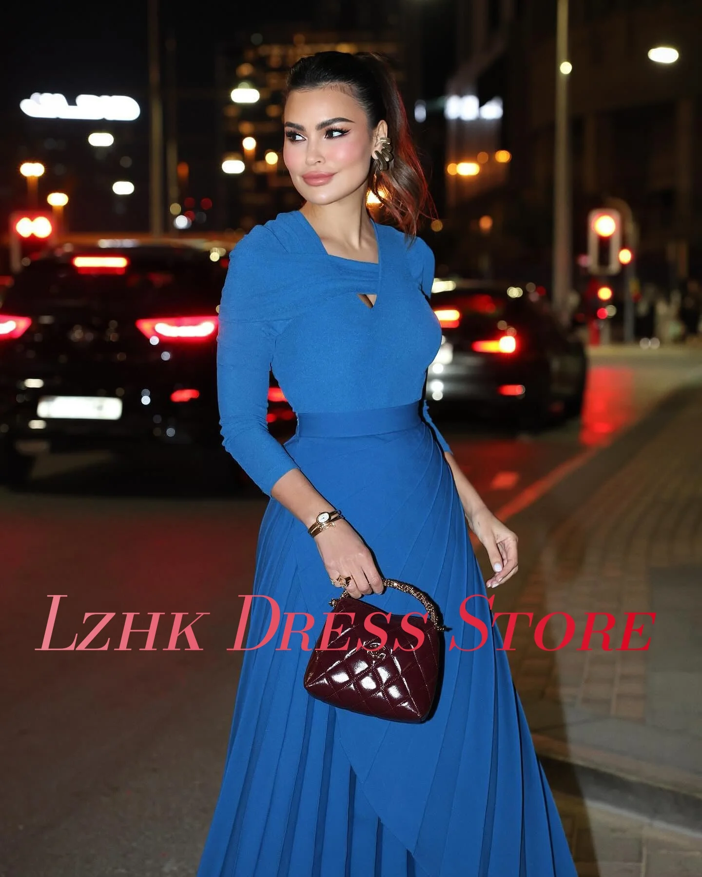 Gaun Malam A-Line Jersey Temperamen Khusus Lengan Panjang Halus Leher V Panjang Mata Kaki فستان سهرة نسائي