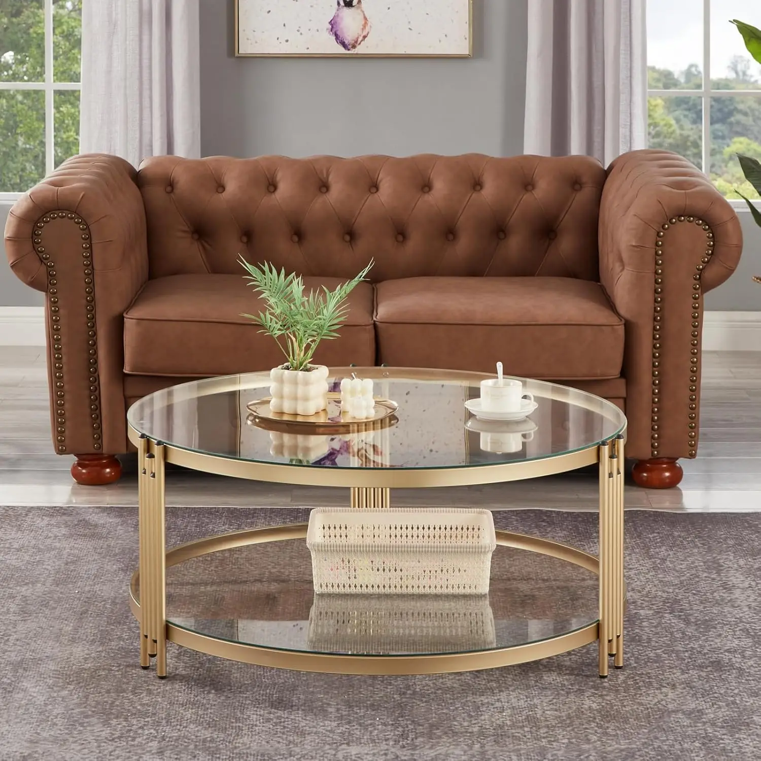 Gold Glass Coffee Table For Living Room, 36" Round Glass Coffee Table With Metal Frame, 2 Tier Circle Coffee Table For Home, Off