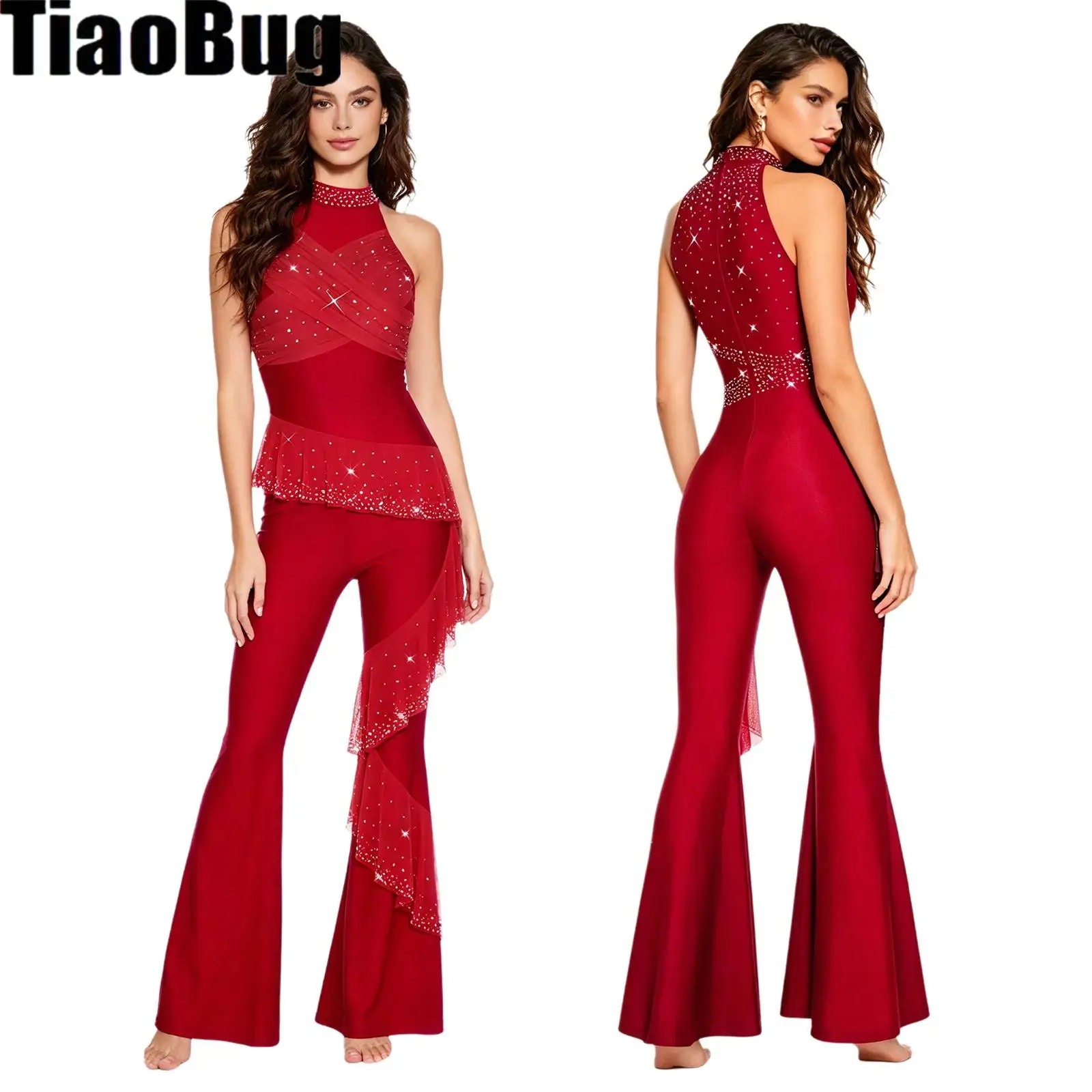 

Women Rumba Disco Dance Jumpsuit Flared Rhinestone Mesh Overlays Mock Neck Sleeveless Bell Bottoms Rompers Modern Dancewear