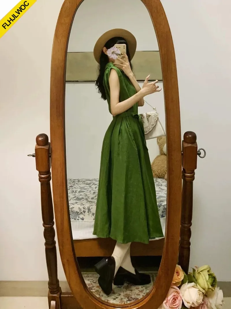 Sleeveless Shirt Dresses New Women Lace-Up Cute Sweet Girls Retro Vintage Solid Green Single-Breasted Button Long Maxi Dress