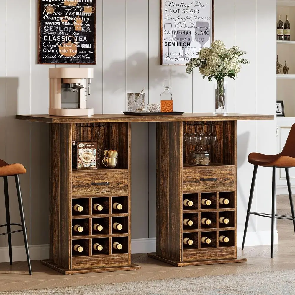 

Industrial-Style 39.37 High Square Bar Table with Storage and Wine Rack for Home Bar, Living Room, or Kitchen in Rustic Brown