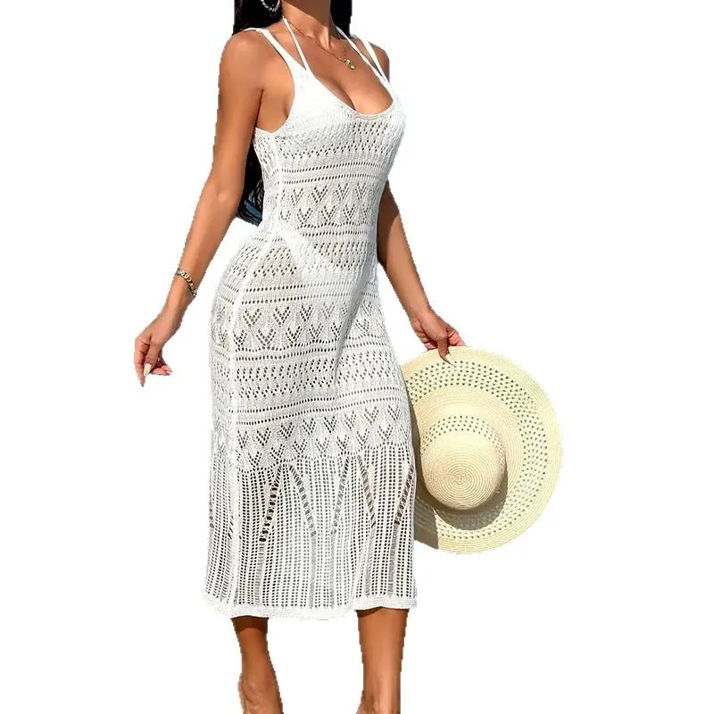 Women's Fashion Long Dress Beach Cover Up Sexy Transparent Sleeveless Knitted Gown Cross-Border European And American Style