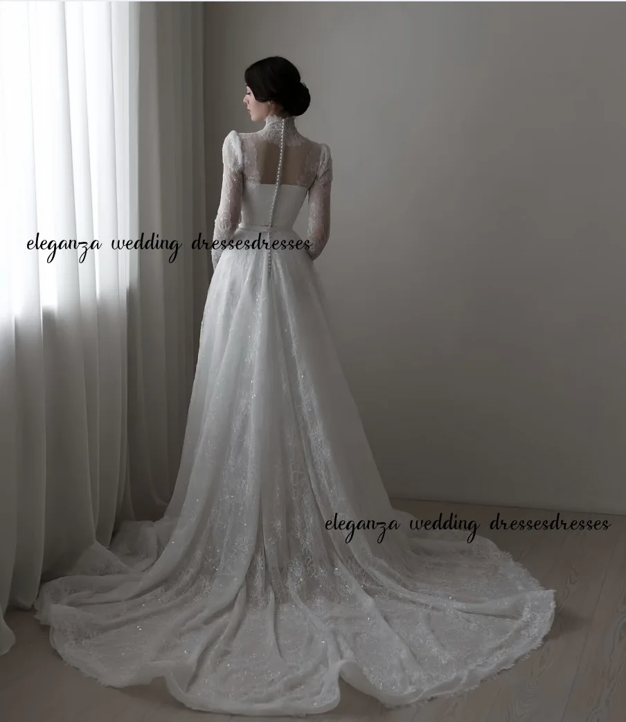 맞춤 제작된 화려한 웨딩드레스 무슬림 하이넥 튤 시스루 긴팔 A라인 드레스 웨딩드레스