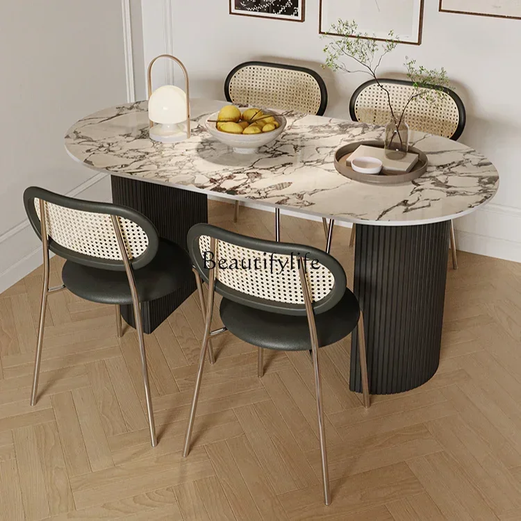 

French cream wind rock slab oval dining table size apartment household retro light luxury dining table