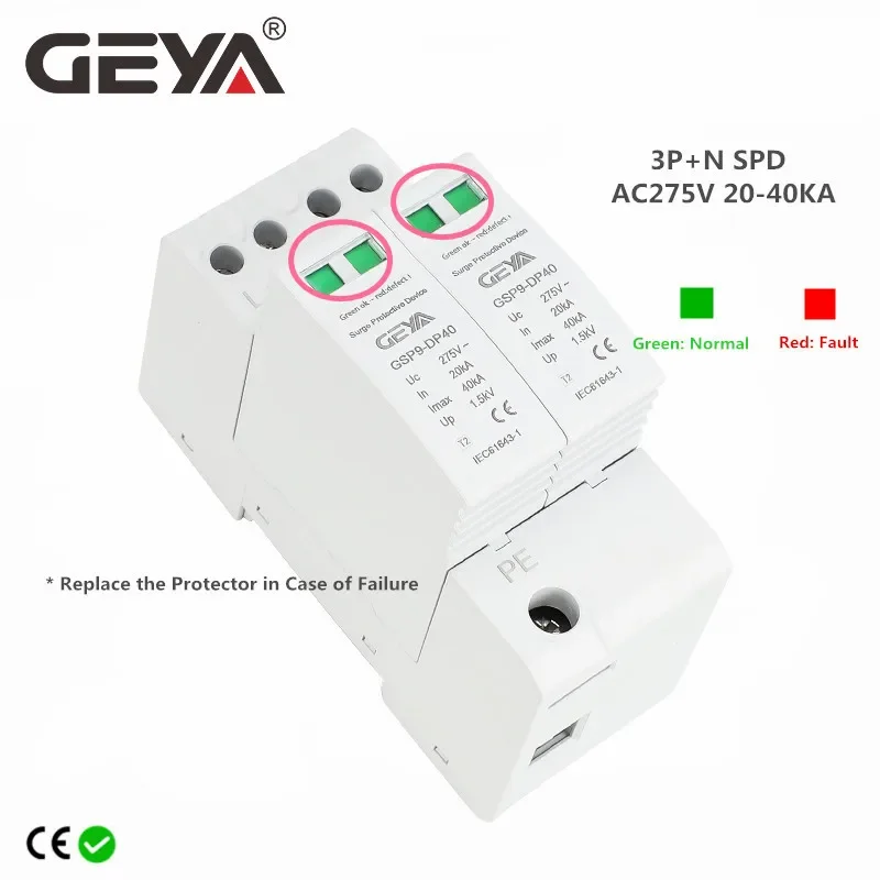 GEYA GSP9 3P+N 36mm SPD 20~40KA Surge Protector Lightning Protection Low-voltage Arrester Device AC275V SPD