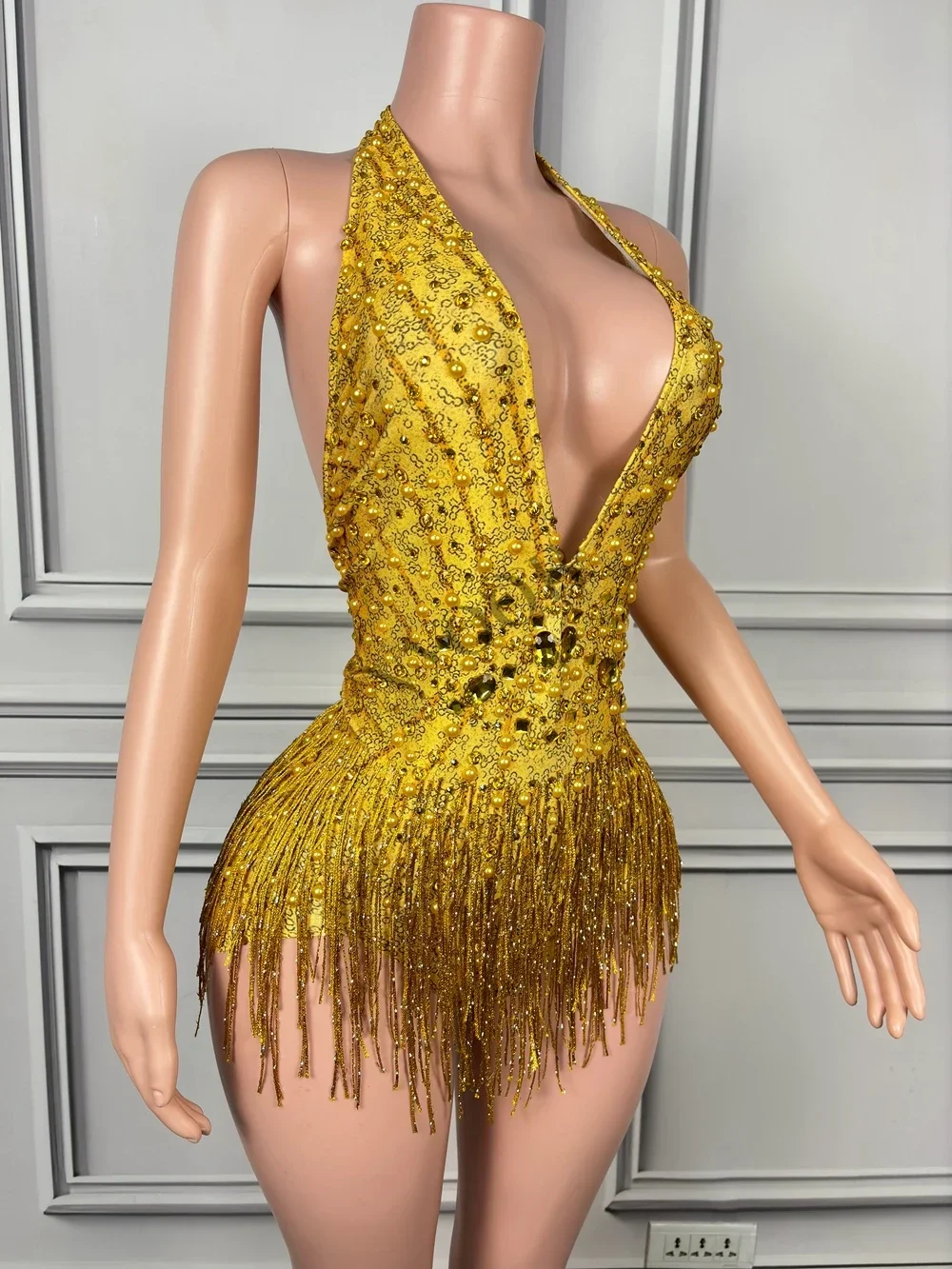 Sparkly Gold Rhinestones Pearls Fringes Bodysuit Women Sexy Deep V Neck Dance Costume Dancer Performance Stage Wear Club Outfit